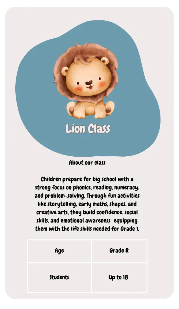 At Noddy Nursery school daycare and Grade R Children prepare for big school with a strong focus on phonics, reading, numeracy, and problem-solving. Through fun activities like storytelling, early maths, shapes, and creative arts, they build confidence, social skills, and emotional awareness—equipping them with the life skills needed for Grade 1. ages 5 to 6